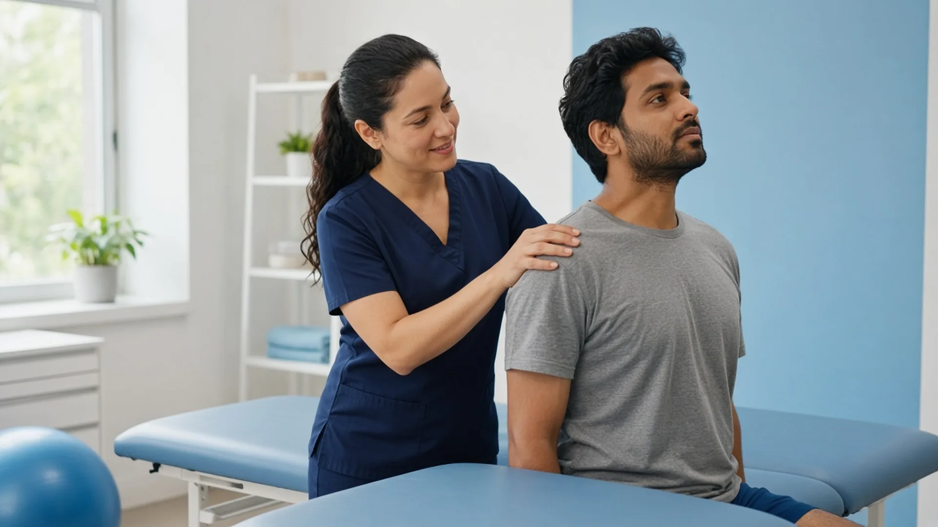 Physical therapist gently guiding a patient through neck and shoulder rehab after an injury