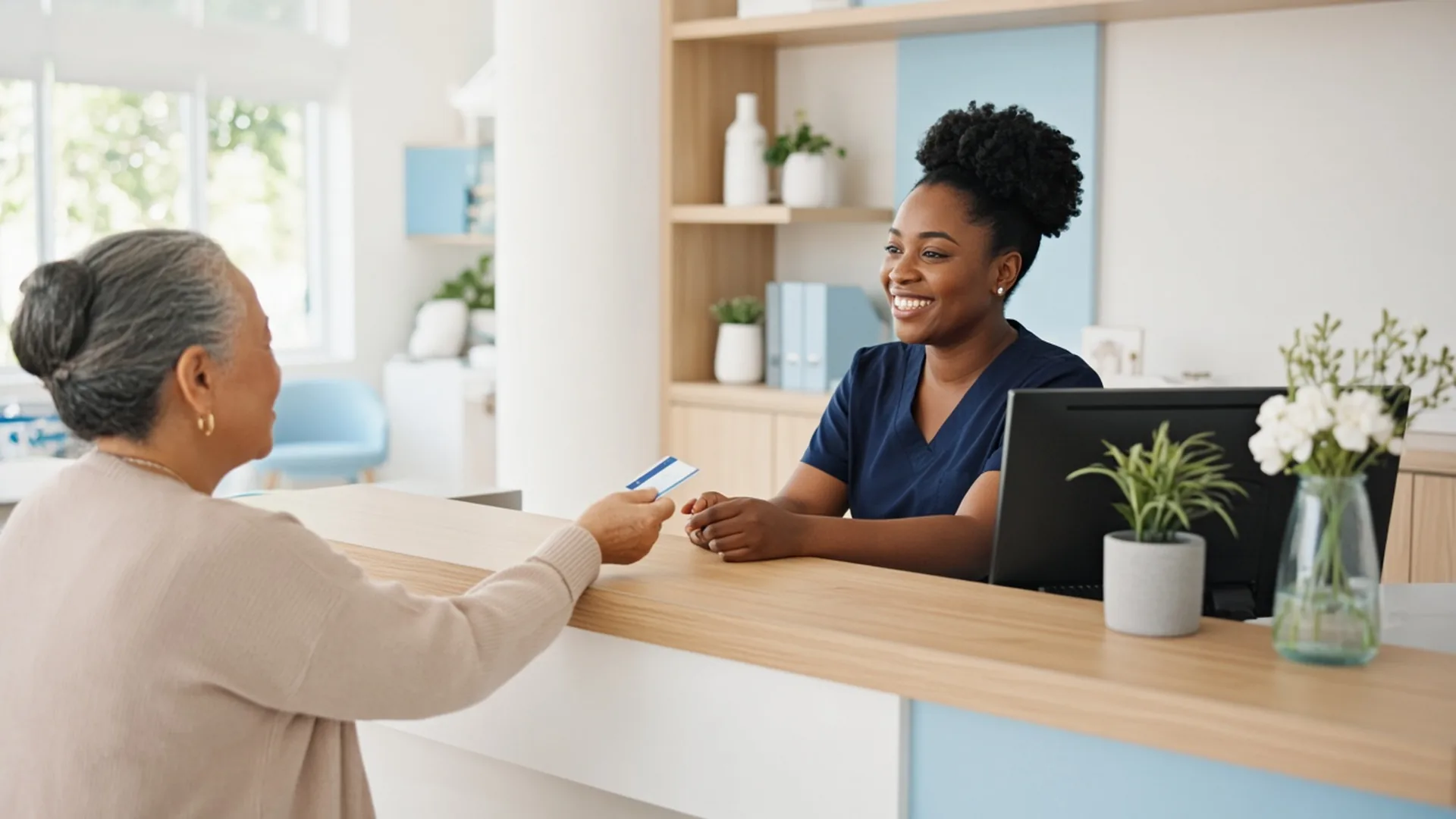 Front desk team member smiling as she takes a patient's insurance card at the VALOR reception desk