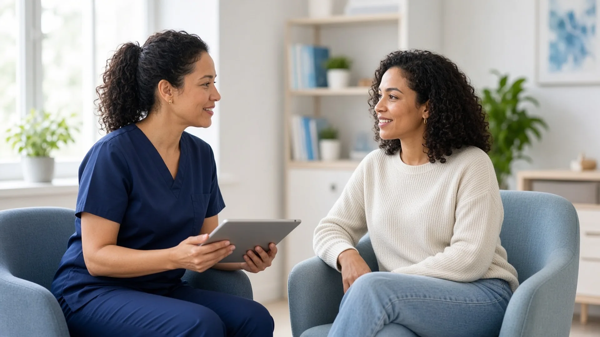 VALOR clinician with a tablet talking with a client about her goals during an invisa-RED consultation