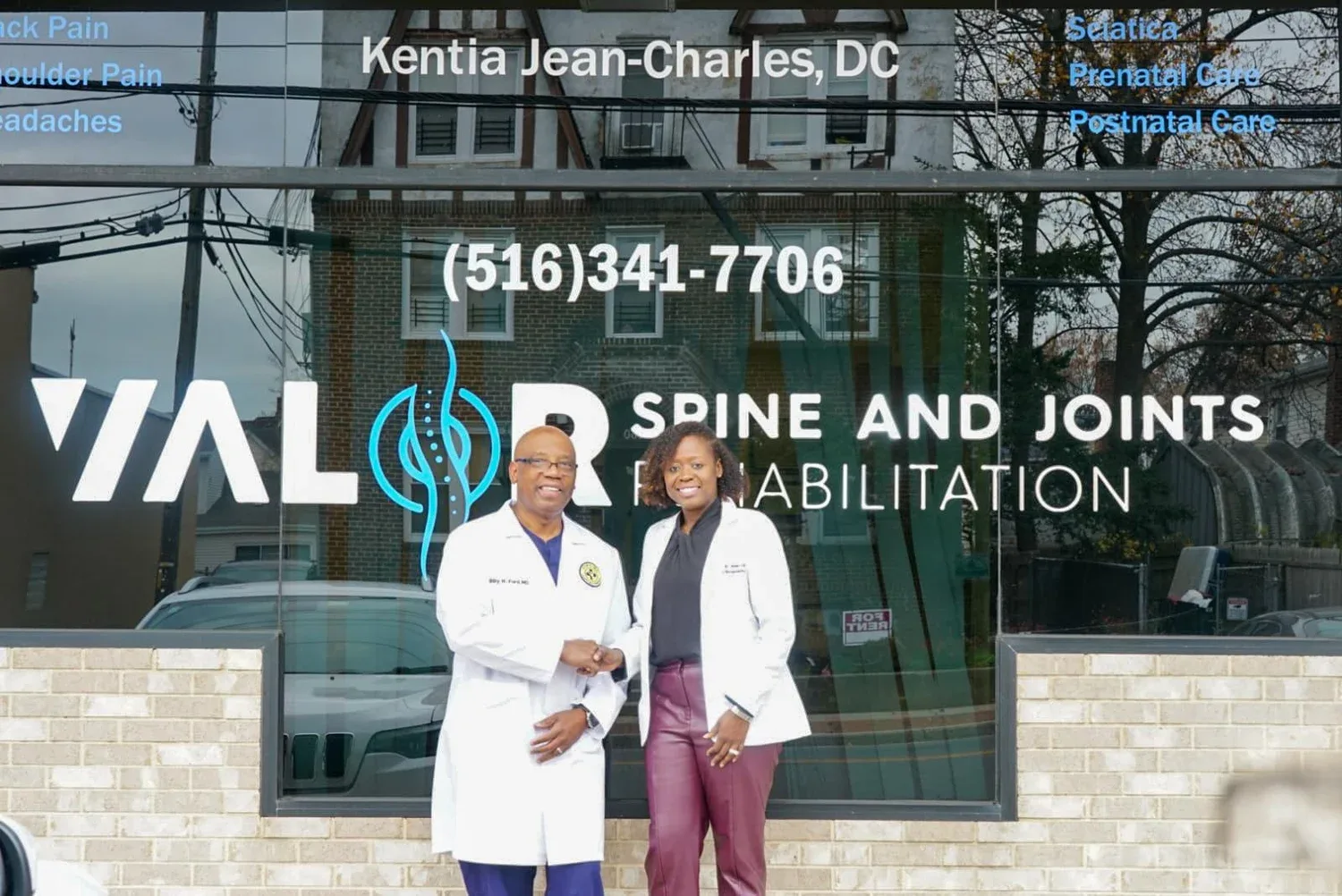 VALOR Spine and Joints Rehabilitation storefront at 255 Broadway, Lynbrook, with clinicians out front