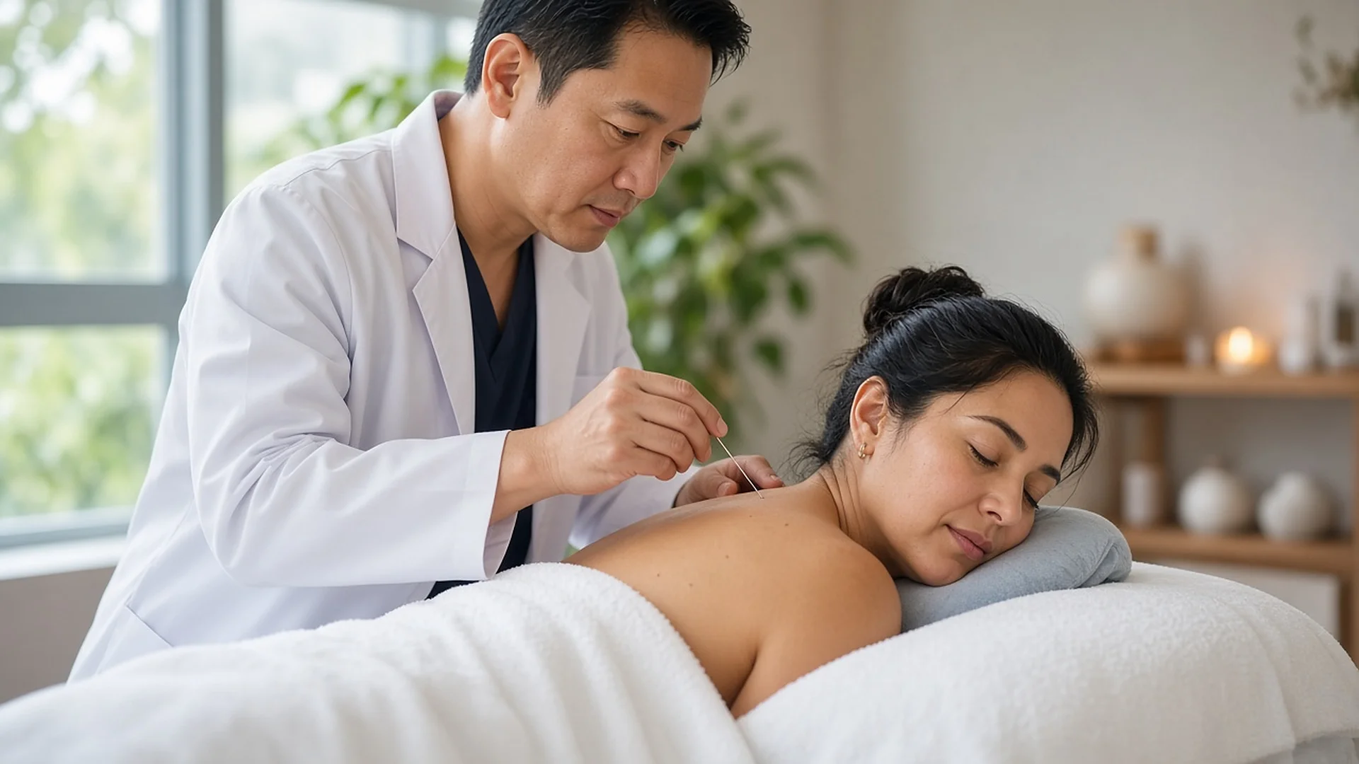 Close-up of an acupuncture procedure