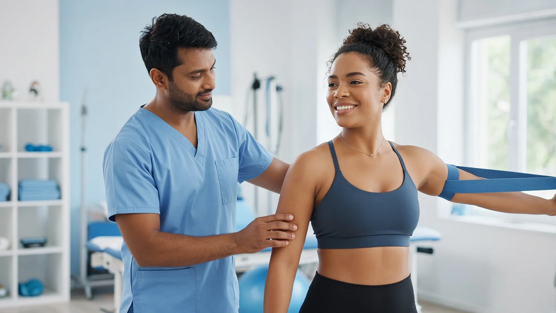 Physical therapist guiding a patient through a stretching exercise
